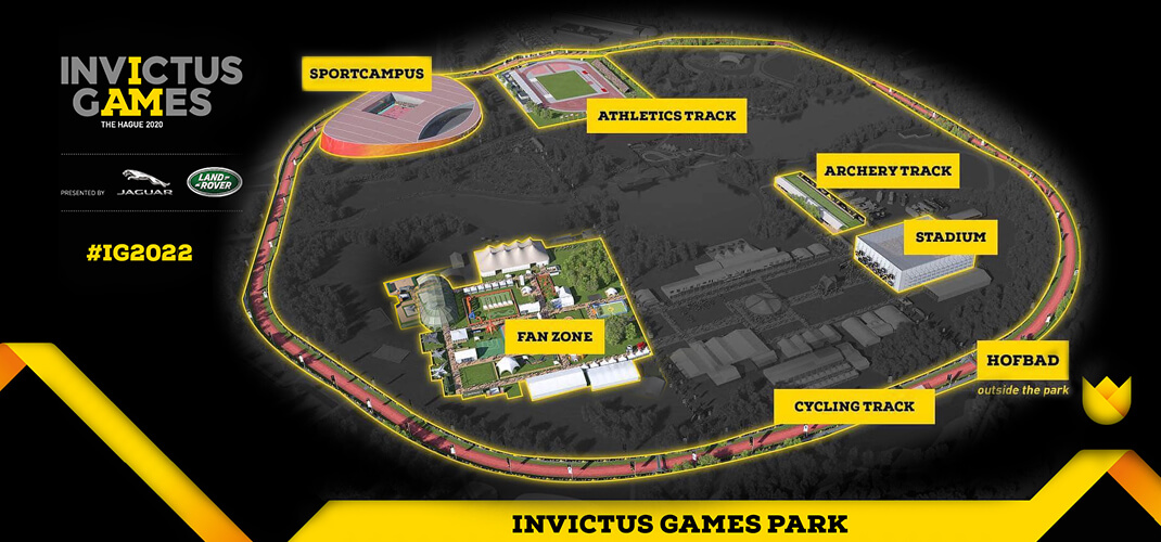 Plattegrond van het Invictus Games Park in het Zuiderpark in Den Haag.