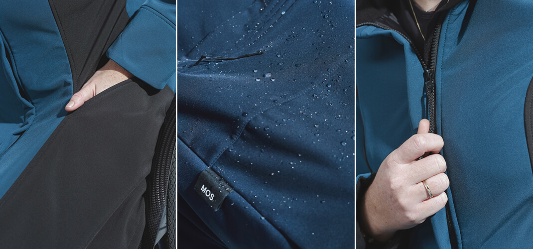 Softshell waterafstotend materiaal is ideaal voor jassen die tegen een buitje moeten kunnen. Daarnaast kan de pasvorm helemaal aangepast worden aan de rolstoelgebruiker.