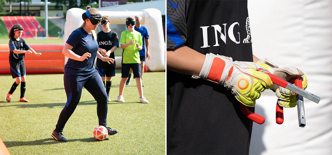 Blindenvoetbal: de spelers gebruiken een geblindeerde bril om hun ogen volledig te bedekken.