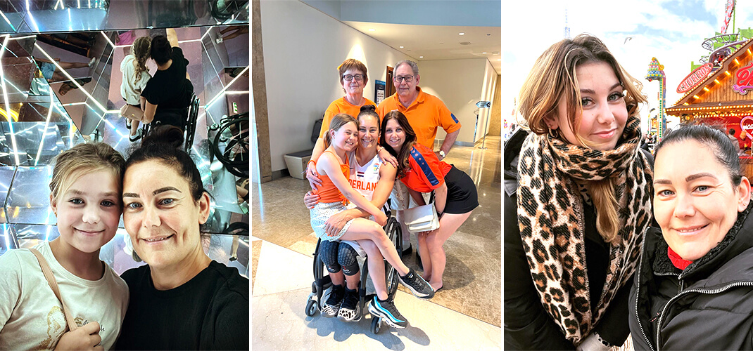 Carina met haar twee tienerdochters Amber, Vajen en haar ouders in Dubai tijdens het WK rolstoelbasketbal.. 