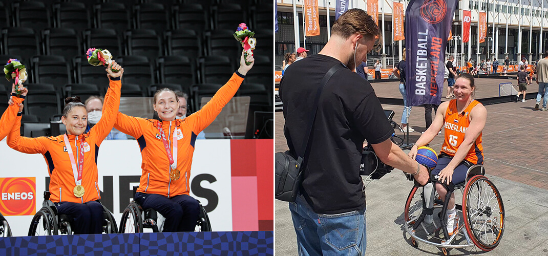 Links: de huldiging voor het winnen van de gouden medaille op de Paralympics 2020 in Tokyo. Rechts: een 'actieve' rustdag door het geven van clinics voor Team NL met betrekking tot rolstoelbasketbal
