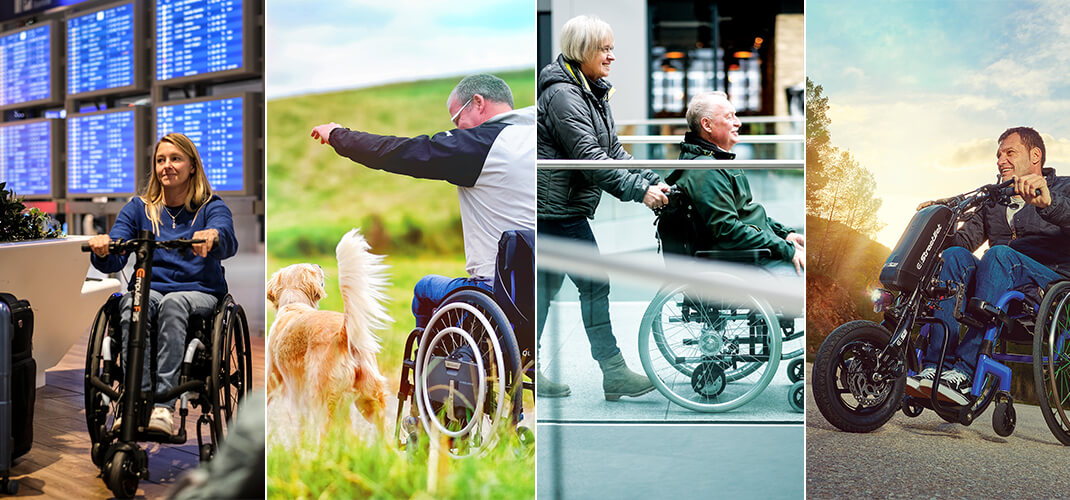 Van links naar rechts: de F35 is wendbaar in kleine ruimtes, de WheelDrive ondersteunt bij het wandelen, de R20 maakt duwen lichter en de StreetJet biedt extra power bij offroad gebruik.