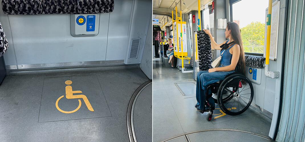 In het openbaar vervoer zijn ruime plekken beschikbaar voor rolstoelgebruikers met eventueel een elektrische aankoppelbike.