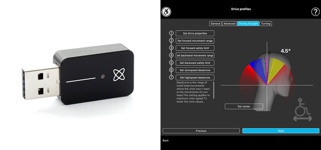 Links: Een USB-dongle voor het programmeren en het bedienen van een computermuis. Rechts: Software om de Vigo headset te programmeren.