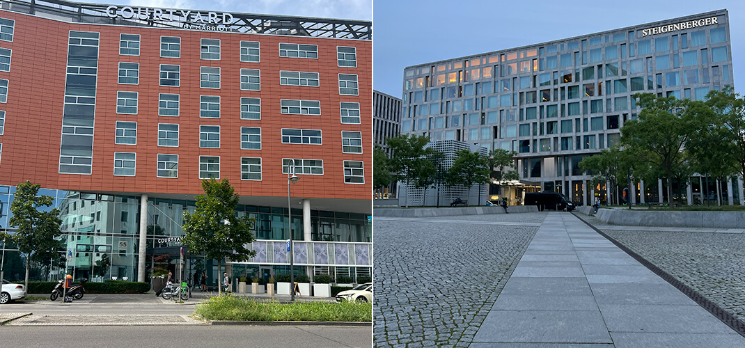 Links het centraal gelegen Courtyard Berlin City Center Hotel en rechts het Steigenberger Hotel Berlin als je veel gebruik maakt van het openbaar vervoer.