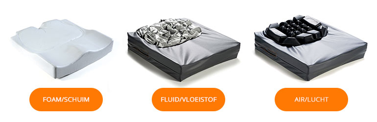Verschillende soorten drukverdelende materialen: foam, fluid en air