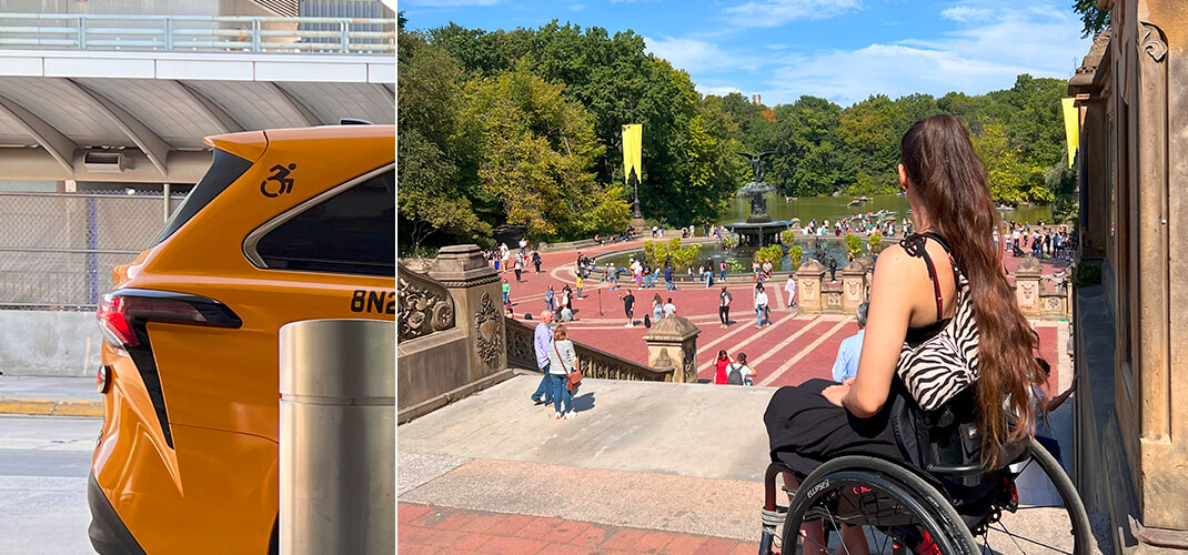 Rolstoelvriendelijke taxi's en prachtig uitzicht vanaf de trappen op de Bethesda Fontein in Central Park.