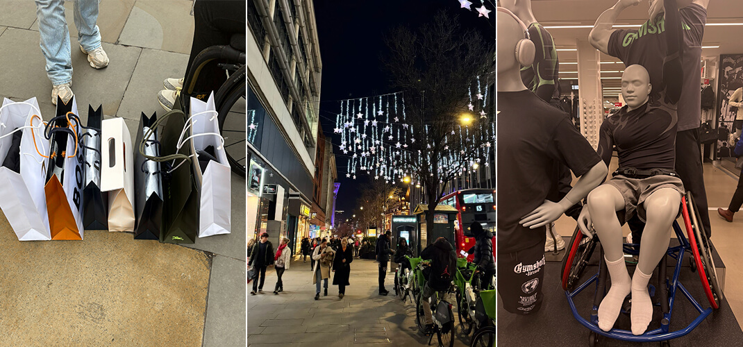 Lekker kerstshoppen bij de verschillende kledingmerken in London. Mooi brede toegankelijke straten om eenvoudig te bewegen. Er was zelfs een etalagepop in een sportrolstoel!