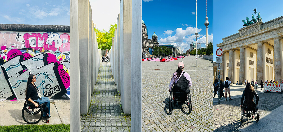 Rijden langs de Berlijnse Muur, een bezoek aan de Field of Stelae van het Holocaust Memorial, het Museumsinsel met op de achtergrond de Dom van Berlijn en de stadspoort de Brandenburger Tor.