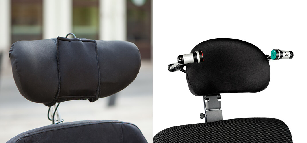 Links: hoofdsteunsensor-schakelaar in een neopreen hoes met klittenband Rechts: button switch met het Link-It systeem.