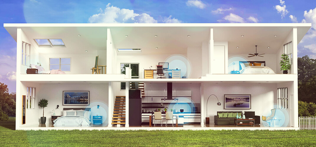 Smart Home apparatuur in meerdere kamers in het huis.